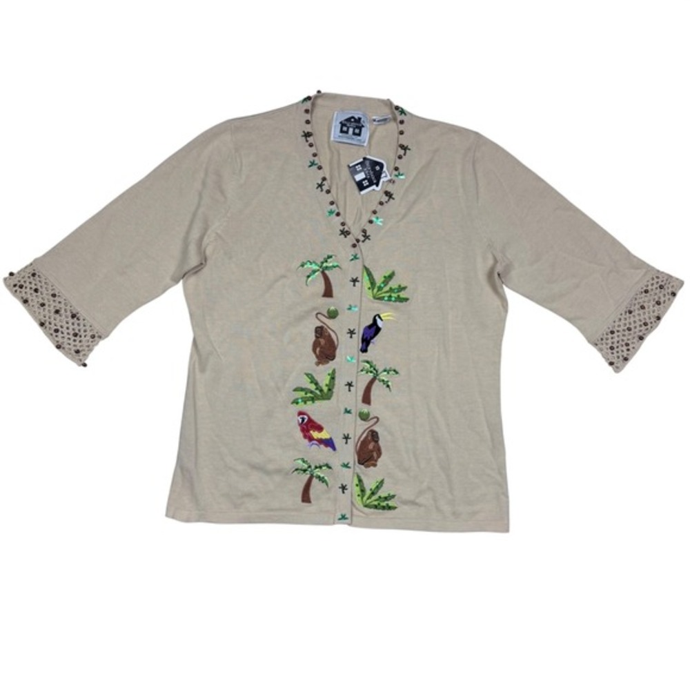 NWT Storybook Knits Oasis‎ Retreat Tropical Monkey Parrot Cardigan Tan Medium